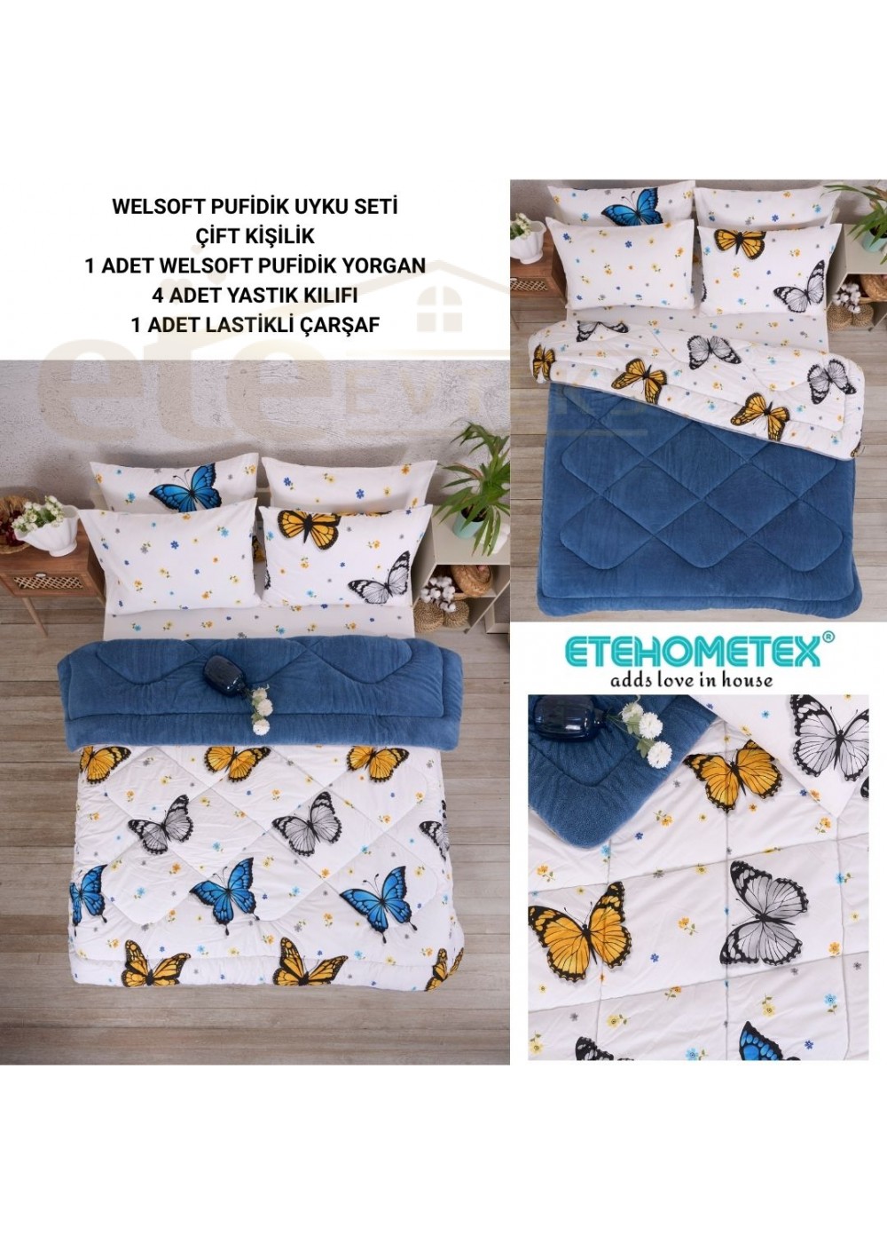 ETE HOMETEX ÇİFT KİŞİLİK WELSOFT UYKU SETİ KELEBEK İNDİGO 8696474231981